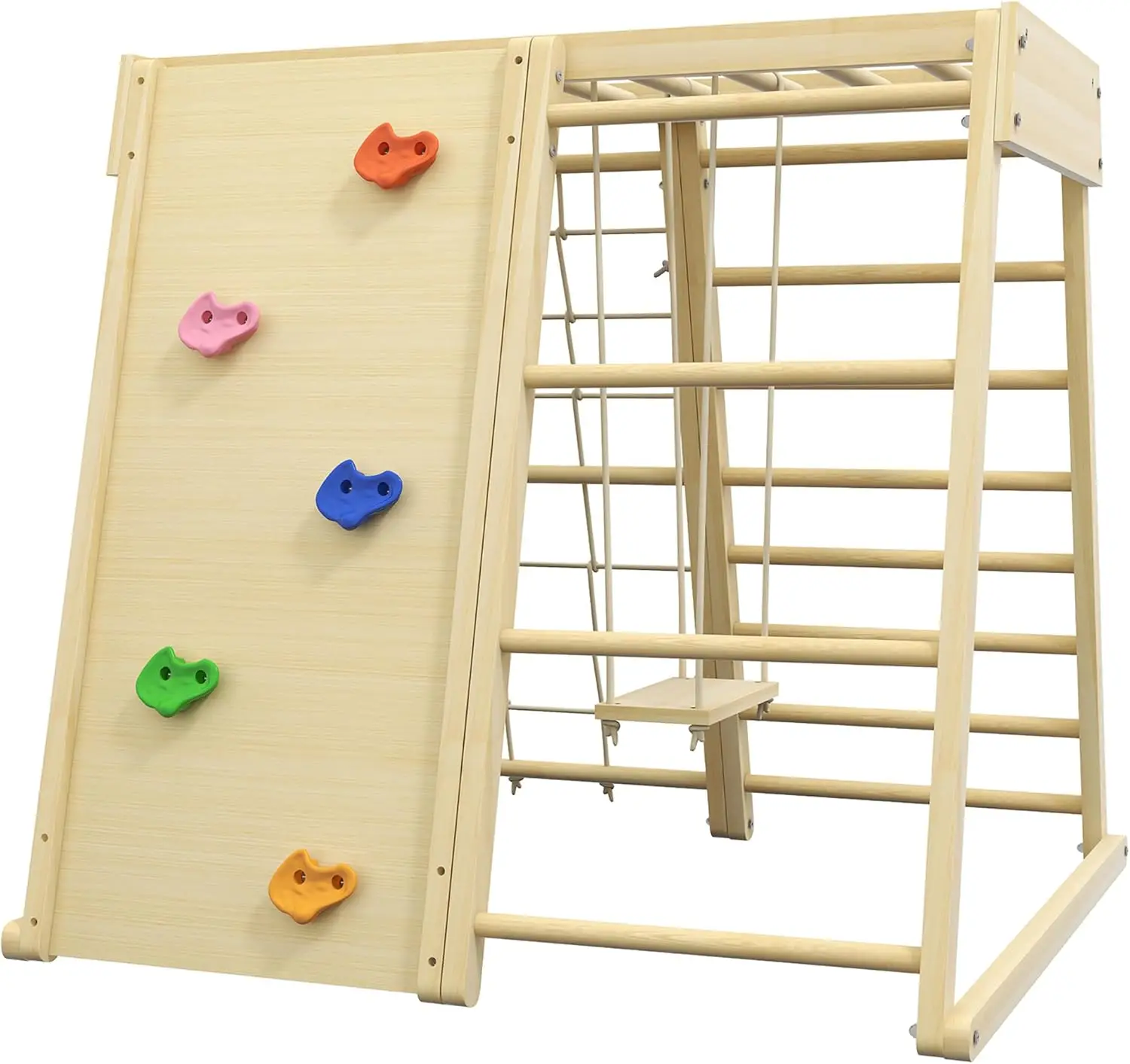 5-in-1 Toddler Climbing Toys with Monkey Bars, Wooden Climbing Wall, Rope, for 3+ Years Old