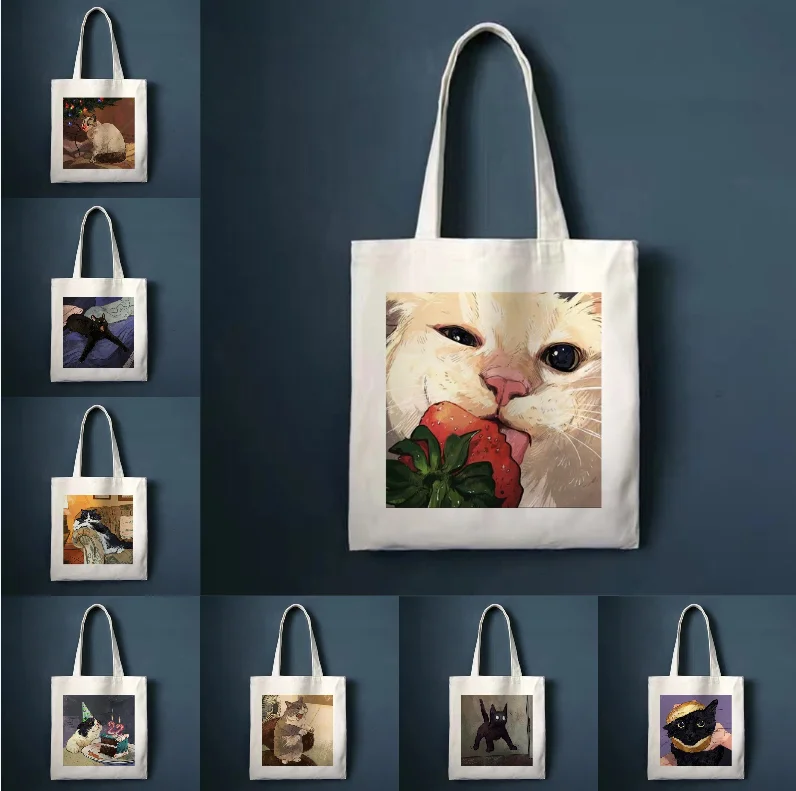 

Oil Painting Style Cat Pattern Canvas Bag Funny Internet Celebrity Cat Print Handbag Work School Shopping Large Capacity Bag