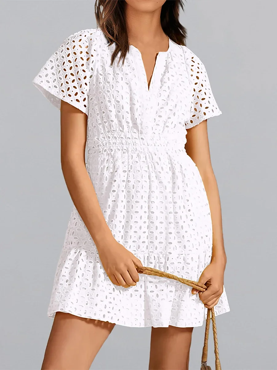 Mini robe évidée pour femme, col en V, manches courtes, mince, smockée, taille à volants, décontracté, plage, fête, club