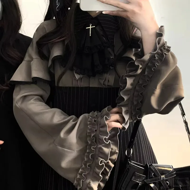 Vintage Lolita Style Mini Dress Set Women Gothic Y2k Loose Flare Sleeve Fake Two Pieces Party Dresses Female Kawaii Cute Vestido