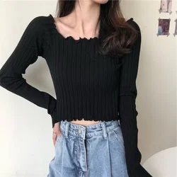 Women Y2K Tops Knitting Black Sweaters Autumn Winter Fashion Lady Long Sleeve Square Neck Slim Pullover Vintage Harajuku Jumpers