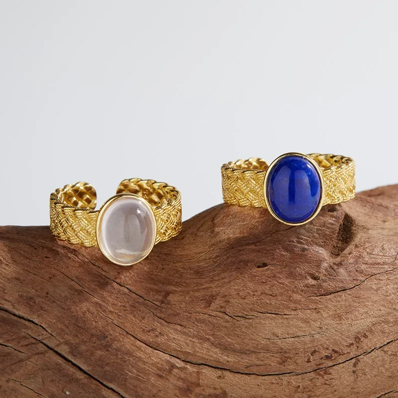 Niche retro high-end open ring s925 sterling silver inlaid with natural lapis lazuli powder crystal colored treasure ring for