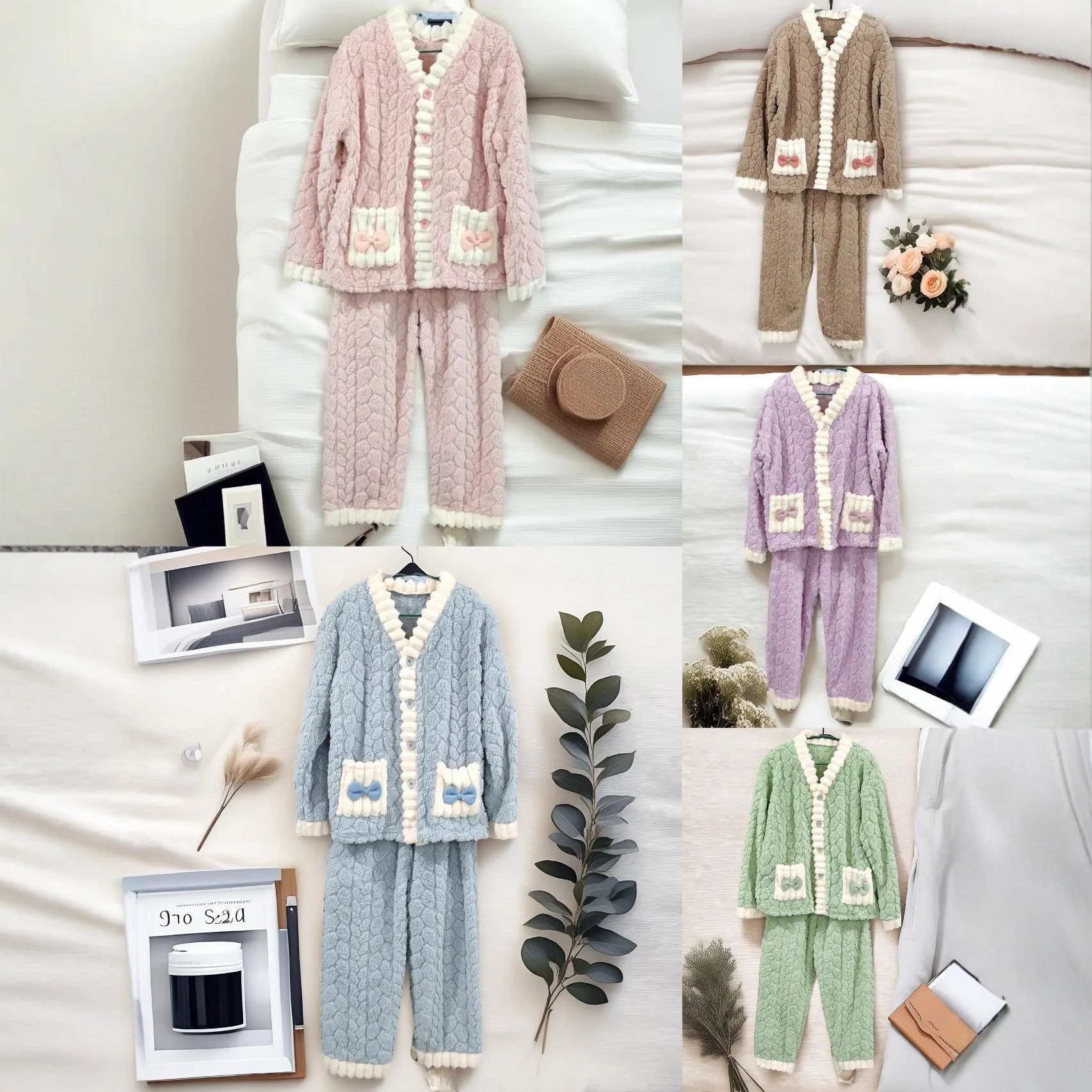 Women's Coral Velvet Pajama Set, Thick and Loose Sleepwear, Loose Cardigan, Home Wear, Small, Fragrant Style,  Autumn and Winter