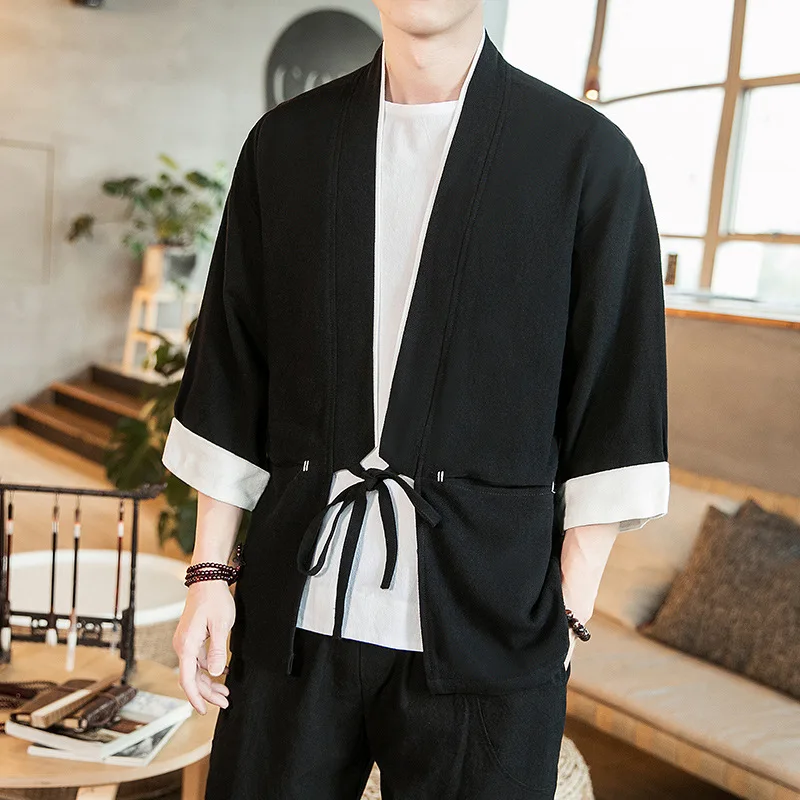 Summer Men's Cotton Kimono Cardigan Outerwear Coats Fashion Streetwear Short Loose Male Jackets Casual Overcoat Clothing