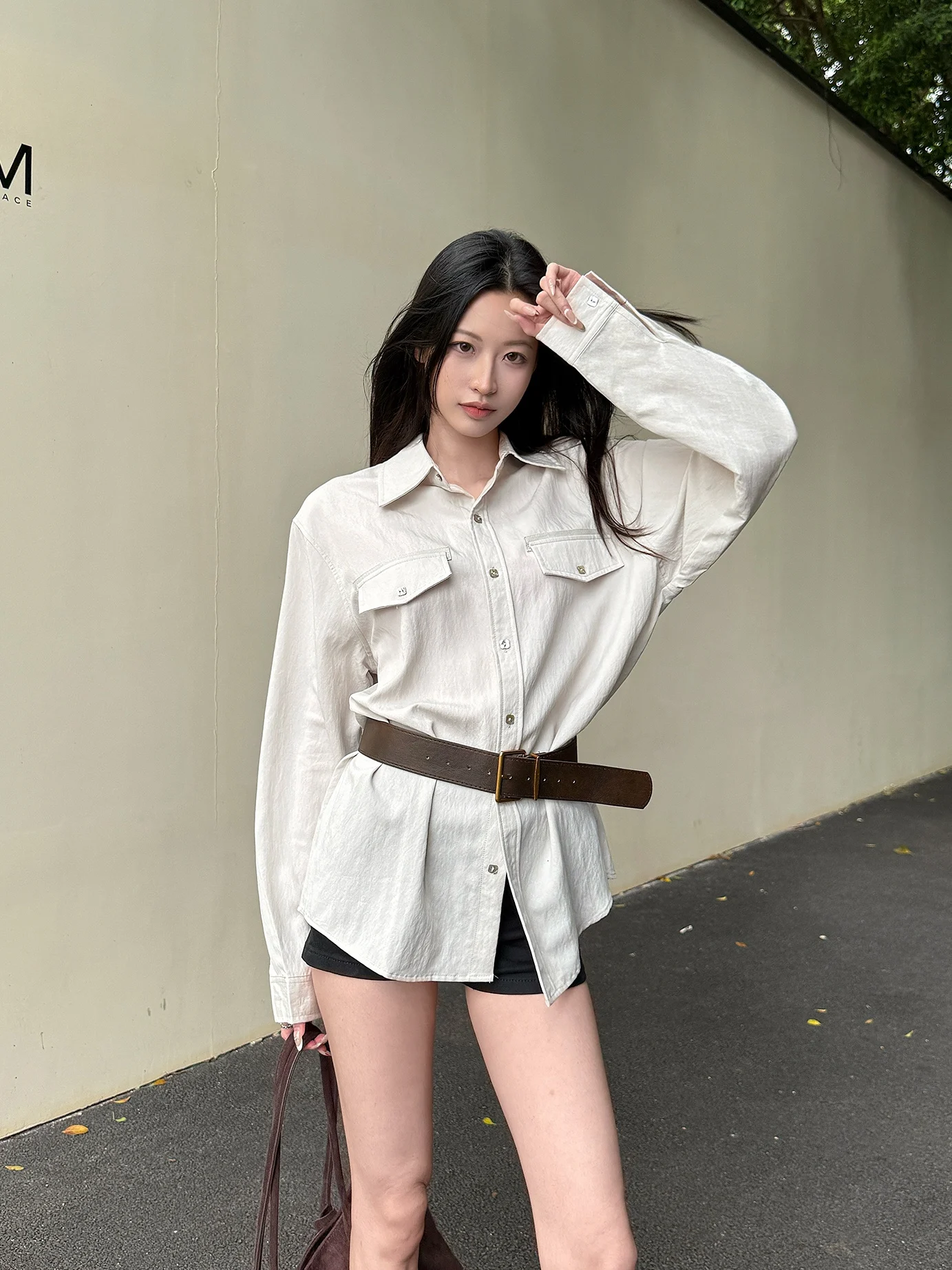 

Женская рубашка Ele Slimming, новая весенняя модель, свободный крой, с поясом, средней длины, из смесового хлопка и полиэстера, с длинными рукавами, с воротником