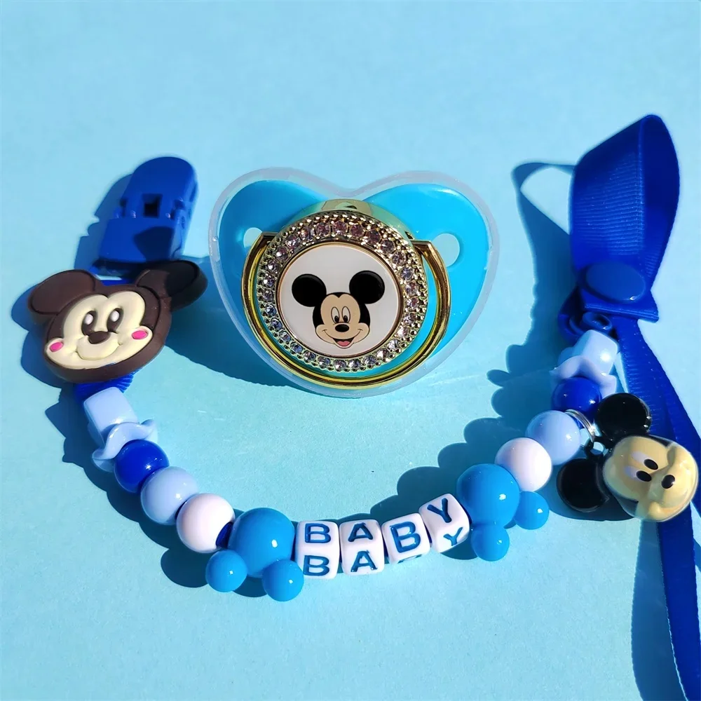 [Bead chain can be customized]Bling Bling Mickey Mouse Baby Pacifier with pacifier clip Luxury pacifier Baby bath gift for 0-24M