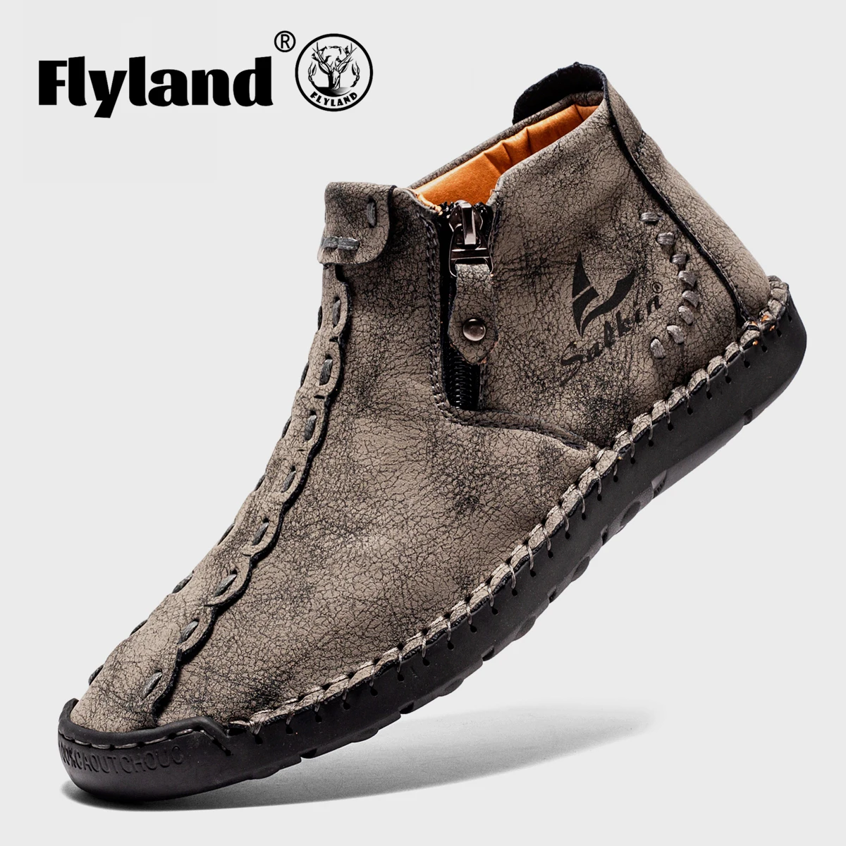 FLYLAND-Botines informales para hombre, botas Vintage con costuras a mano, suaves, para conducir y caminar