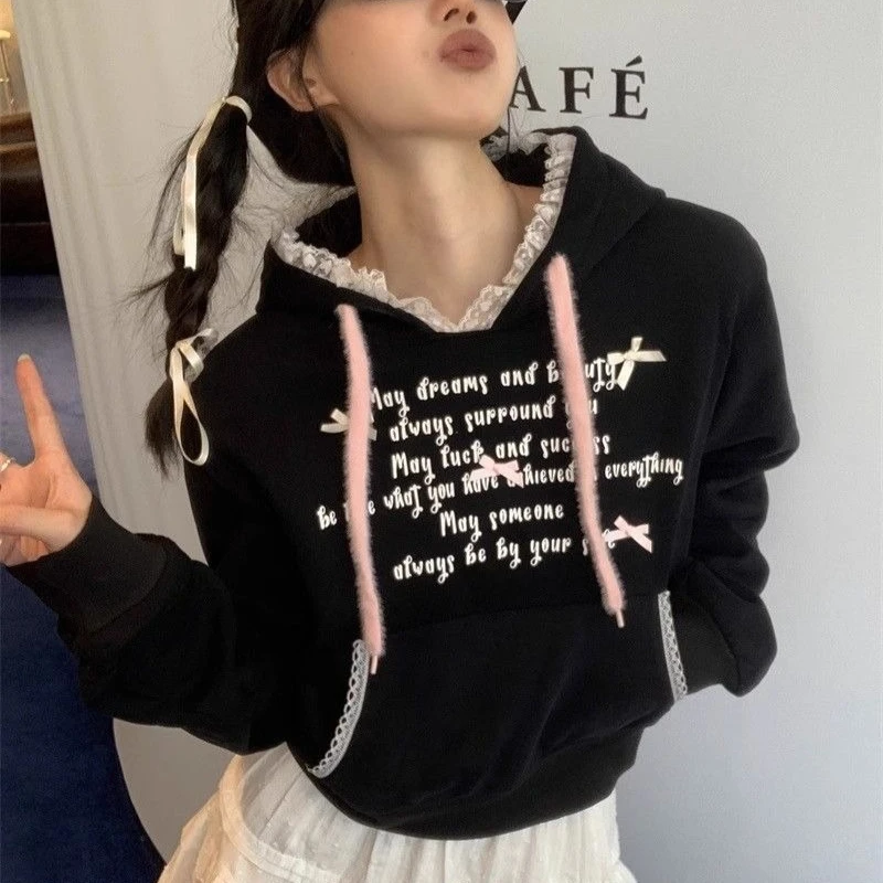Deeptown Sweet Lace Bow Hoodies Women Black Shoujo Girl Aesthetic Kawaii Pullovers Preppy Style Oversized Letter Sweatshirts