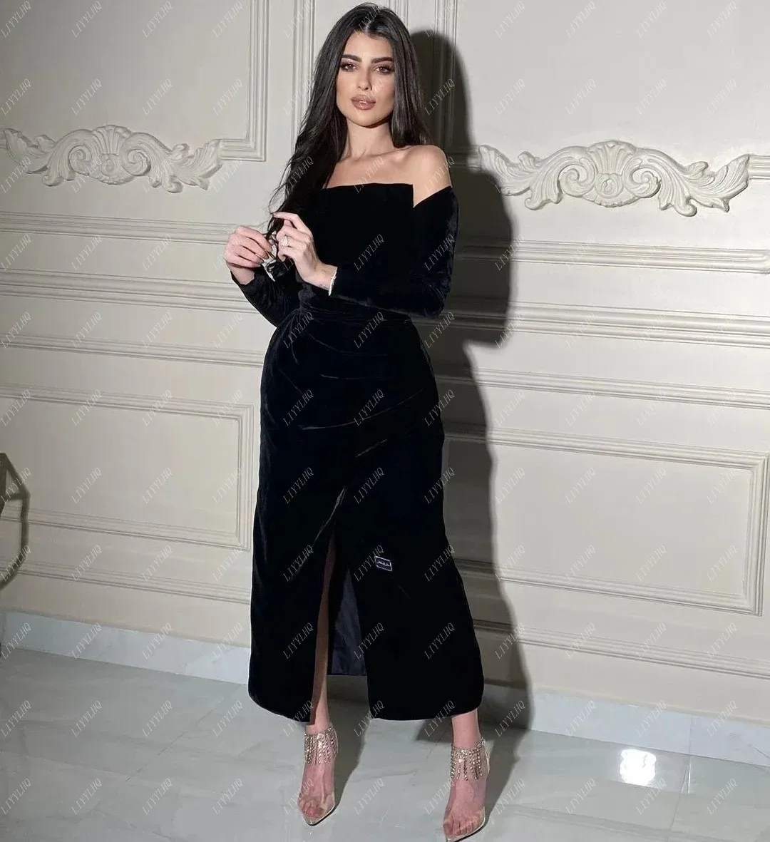 LIYYLHQ Charming Boat-Neck Black Ankle-Length Side Split Cocktail Dresses Dubai Prom Gown Evening Formal Party Dresses for Girl