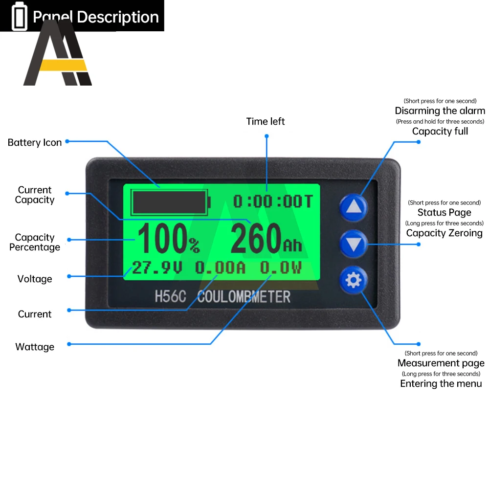 H56CR Shunt Coulomb Meter Power Indicator DC10-100V 100A 200A 300A Battery Capacity Detector Bidirectional Voltage Current Meter