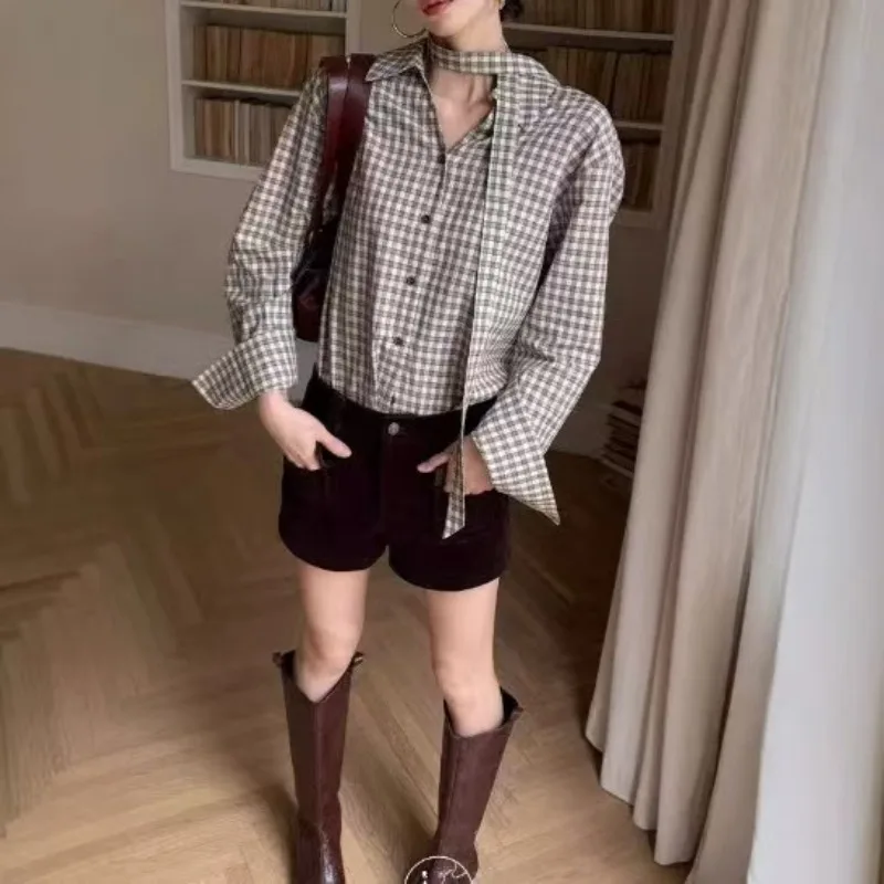 Chemisiers Vintage pour femmes, hauts décontractés à carreaux, mode ample, vêtements d'été de Style français, chemise coréenne à manches longues pour femmes