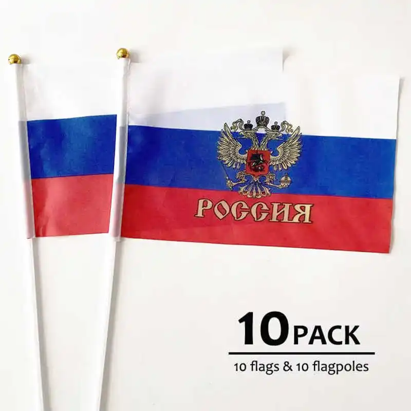 10 Pack Russian Flag Russia Banner Presidential Eagle 14x21cm Polyester Printed Small Stick Flagpole For Decoration Celebration