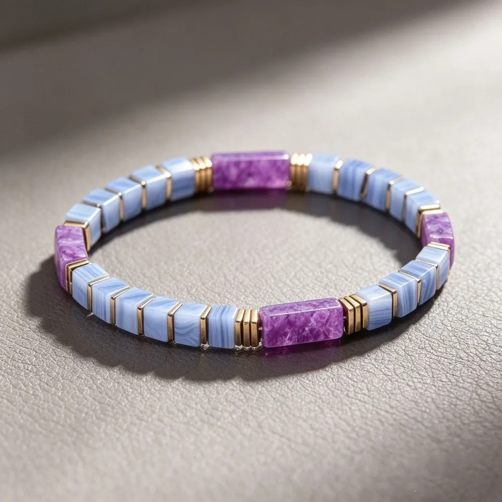 Natural Veined Simple Crystal Stone Bracelet Square Cut Polished Block Shape Square Stone Bangle Stackable Adjustable Rope