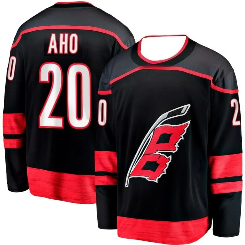 Camisa de Hóquei no Gelo Carolina Hurricanes 20 Sebastian Aho Preta e Vermelha Estilo Equipe V Neck Manga Longa para Treinamento Esportivo Masculino