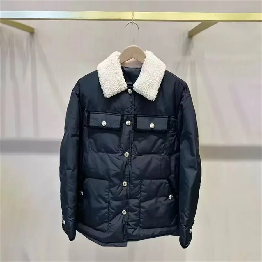 

【Gift Free】2025 Autumn Winter Color-Block Lambswool Collar Loose Oversized Pocket Thickened Mid-Length Cotton Padded Coat