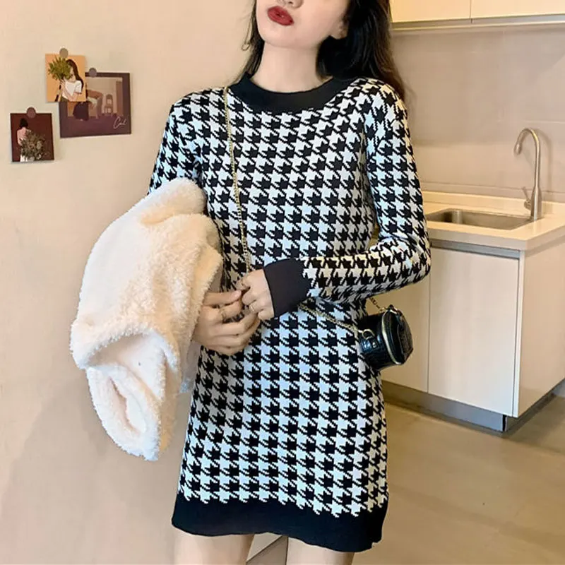 

Vintage Houndstooth Slim Dresses Autumn Winter Bag Hip Waist Female Clothing Contrasting Colors Spliced Basic Knitted Mini Dress