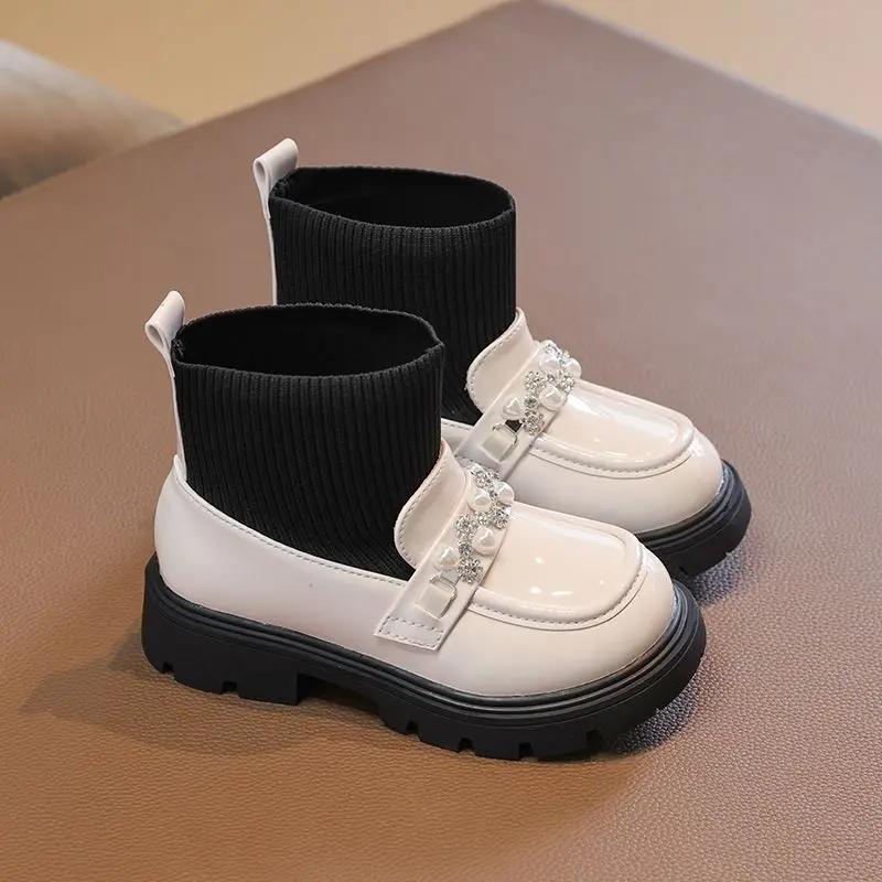Kids Knit Short Boots 2026 New Autumn Winter Cotton Fleece Lined Socks Boots for Girls Fashion Black Ankle Shoes