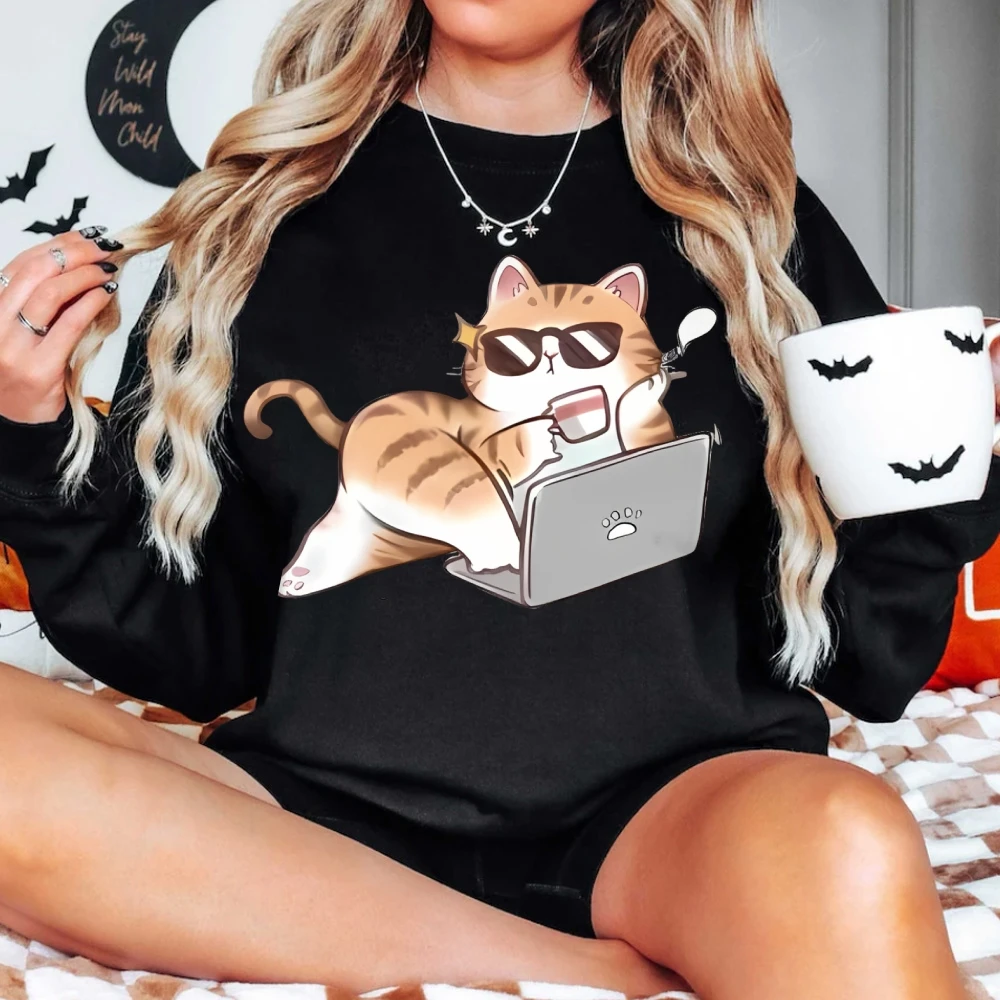 Trabalhando ocupado elegante gato sweatshirts feminino casual crewneck manga longa hoodies solto confortável moda outono feminino topos