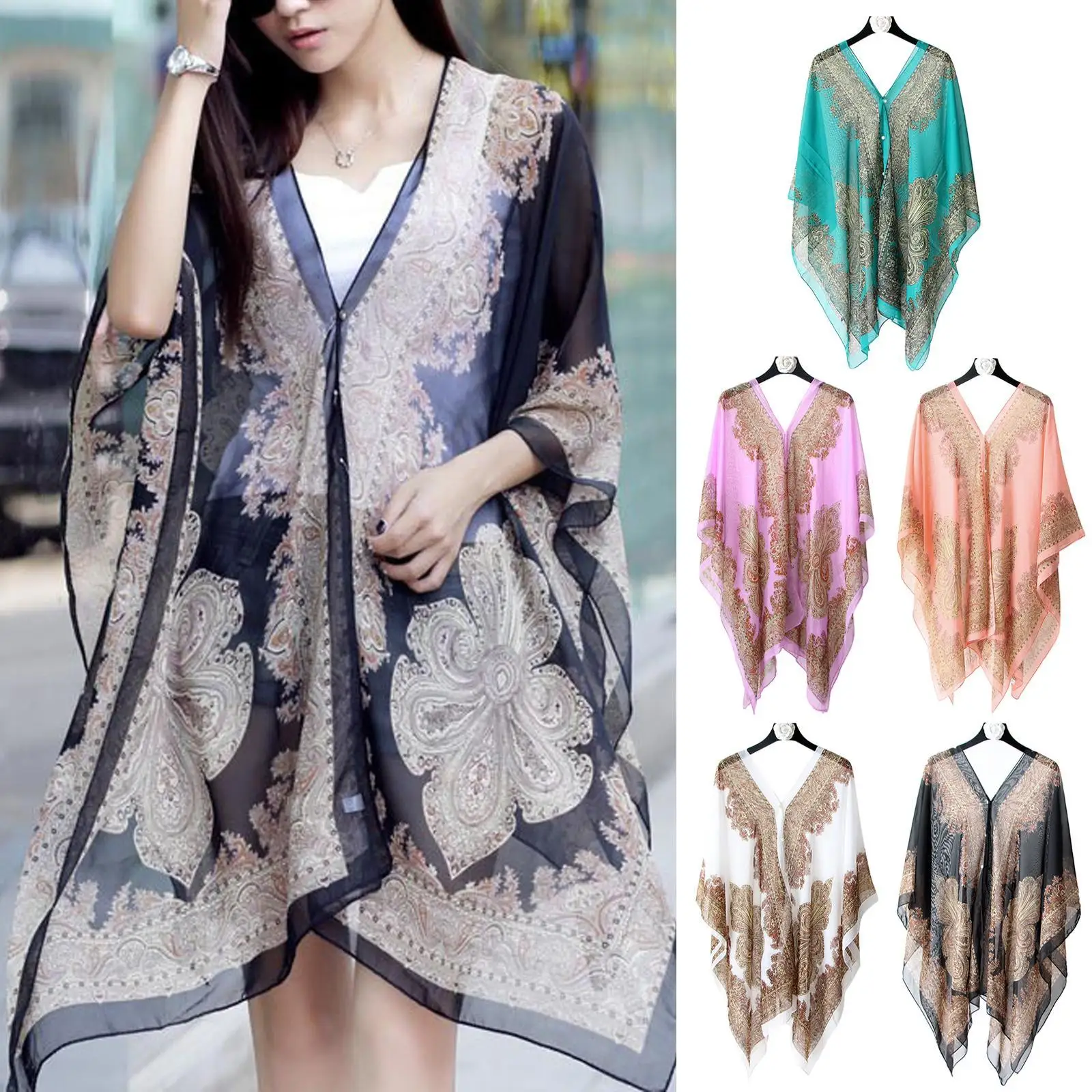 Women Scarf Shawl Poncho Printed Sunscreen Scarf Chiffon Protection Tops Soft Sun Bikini Beach Shawl Loose Cover Shawl Blou A2Y7