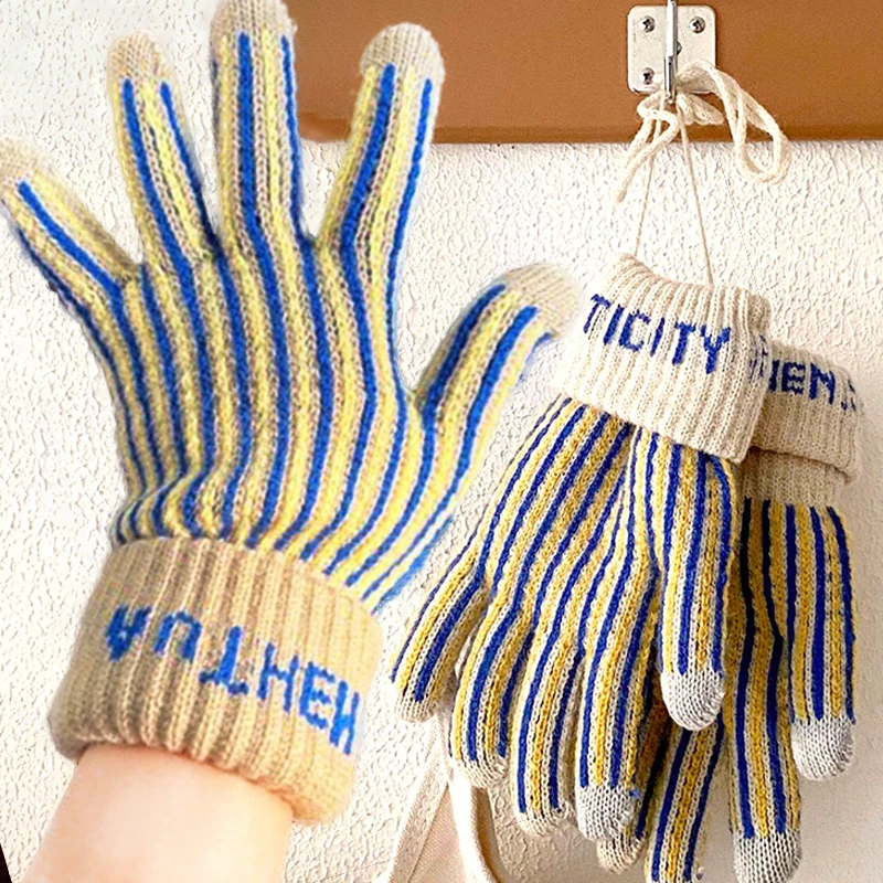 

Winter Vintage Cool Neutral Premium Feel Stripe Wool Gloves Color Coded Letter Printed Plush Thickened Drawstring Knitted Gloves