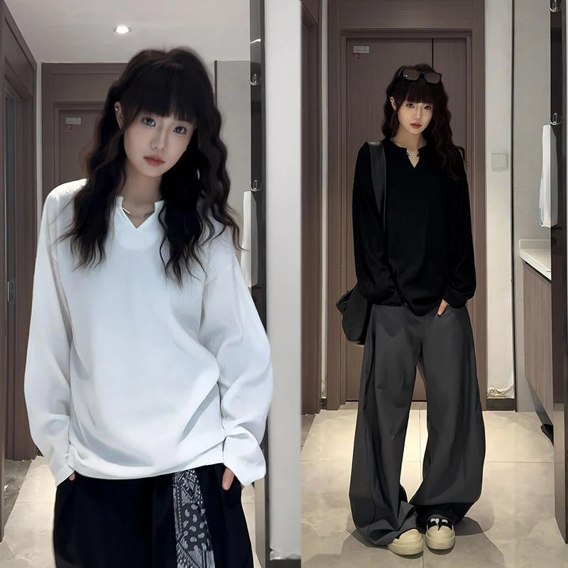 

Fall Wrinkled Texture Women V Neck Long Sleeve T Shirt Korean Fashion Casual All-match 2xl Oversized Clothing Black White Daily