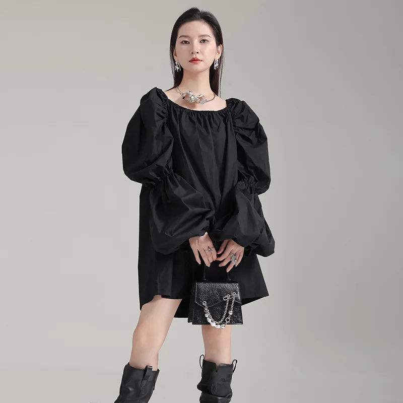 French Big Puff Sleeve Shirt Dresses Women 2024 New Design Casual Loose Simple Vestidos Off-the-shoulder One-neck Dress Female