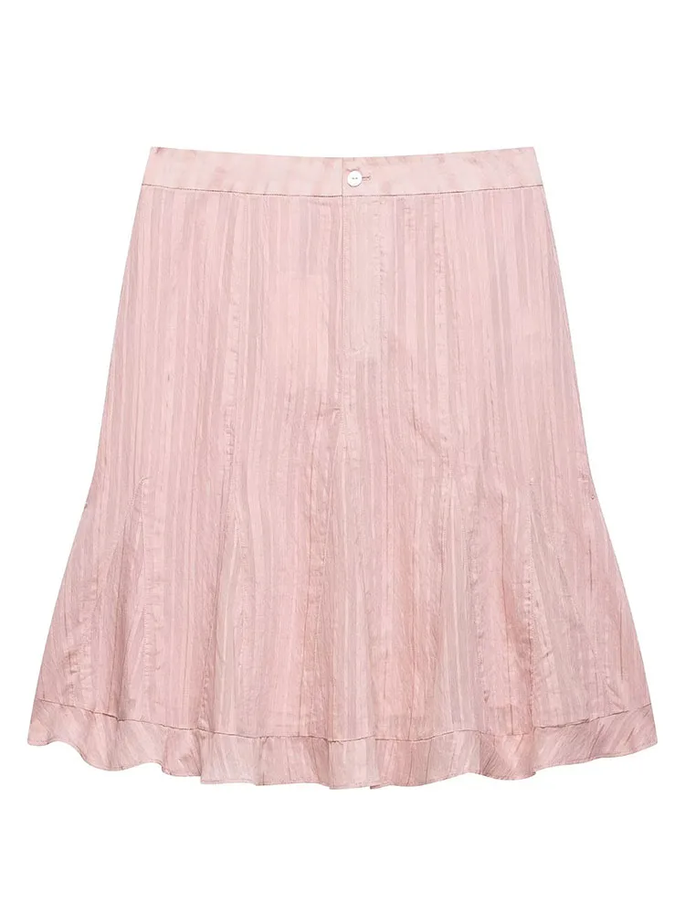 HH Women Summer Spring Elegant Light Pink Striped Skirt Summer Loose Breathable High Waist Flared Casual Mid-Length Skirt