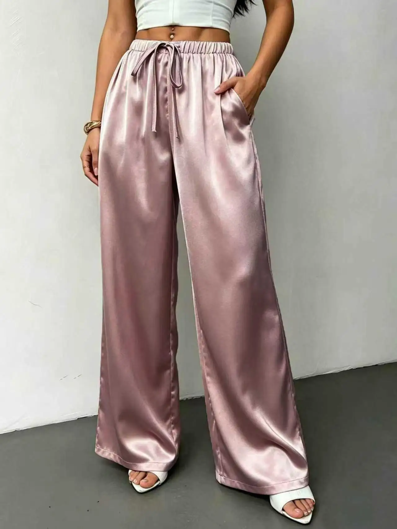 Best-selling Acid-catalyzed Glossy Lace-up Loose Straight-leg Pants Elegant And Stylish Women's Casual Lustrous Satin Pants