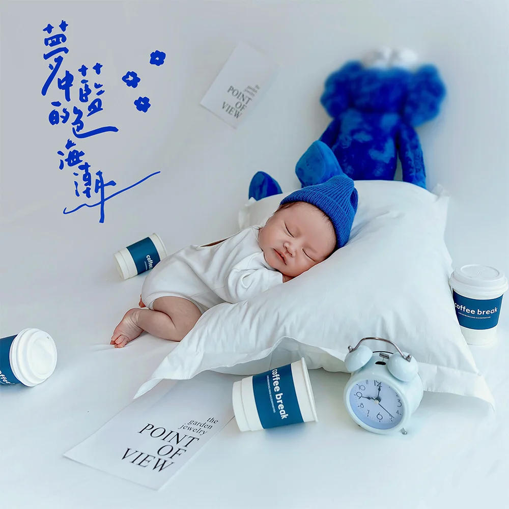 0 Month Newborn Baby Bodysuit Knitted Hat Babies Clothes Studio Photography Outfits Blue Doll Coffee Cup Photo Decoration Props