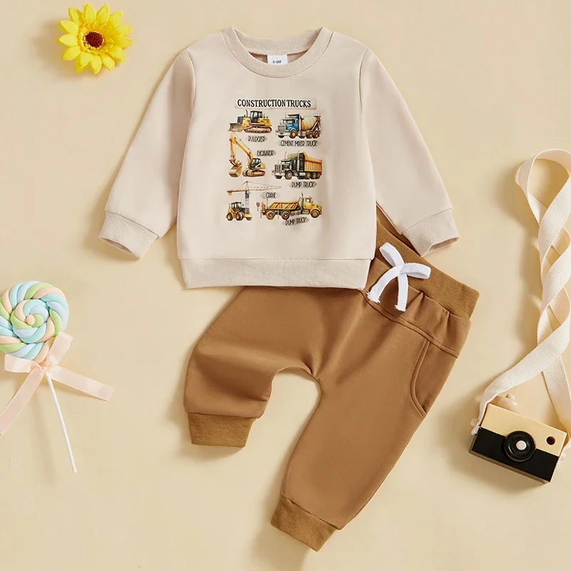 2024-10-23 Lioraitiin Toddler Baby Boy Outfits Construction Print Long Sleeve Pullover Tops Long Pants 2Pcs Winter Fall Set