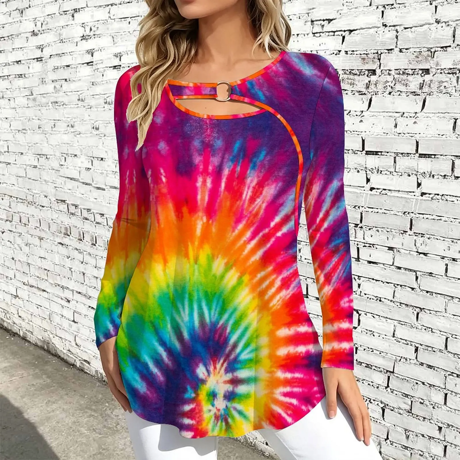 Women Long Sleeve Tunic Top Print O Ring Cutout Neck Loose A Line Hem Casual Ladies Blouse