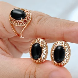 Kinel Shiny Black Natural Zircon Jewelry Set for Woman Fashion 585 Rose Gold Color Ring And Earrings Vintage Wedding Jewelry Set