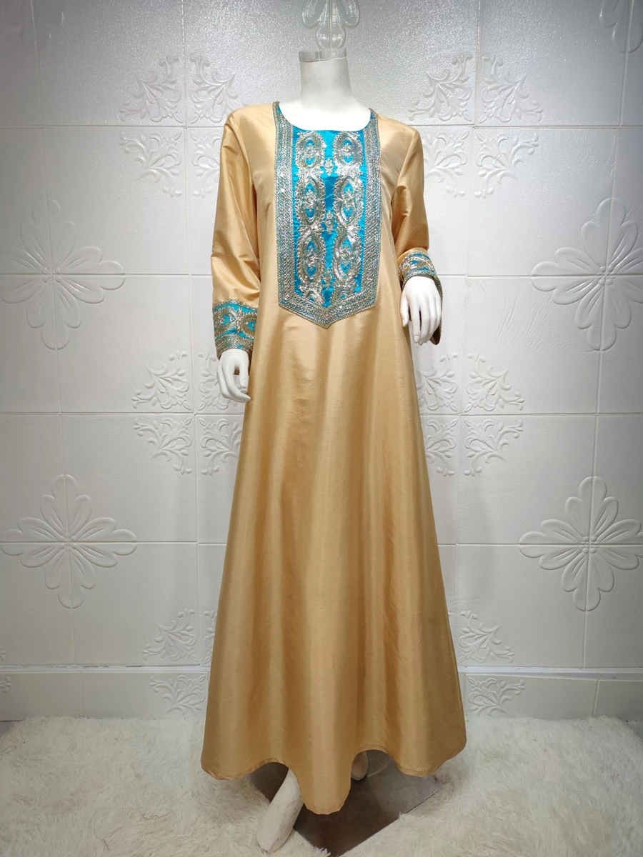 Sequins Embroidery Dubai Abaya Women Jalabiya Long Arabic Dress Moroccan Caftan Muslim Party Evening Ramadan Eid Kaftan Golden