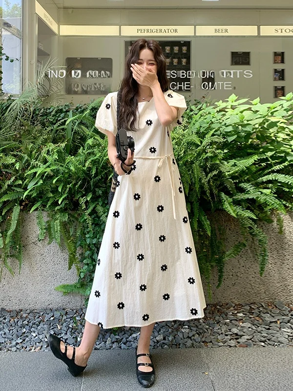 

Milk White Floral Print Summer Dr Women's ort Sve High Waist A-Line Bubble Sve Tea Break Skirt Korean Sle