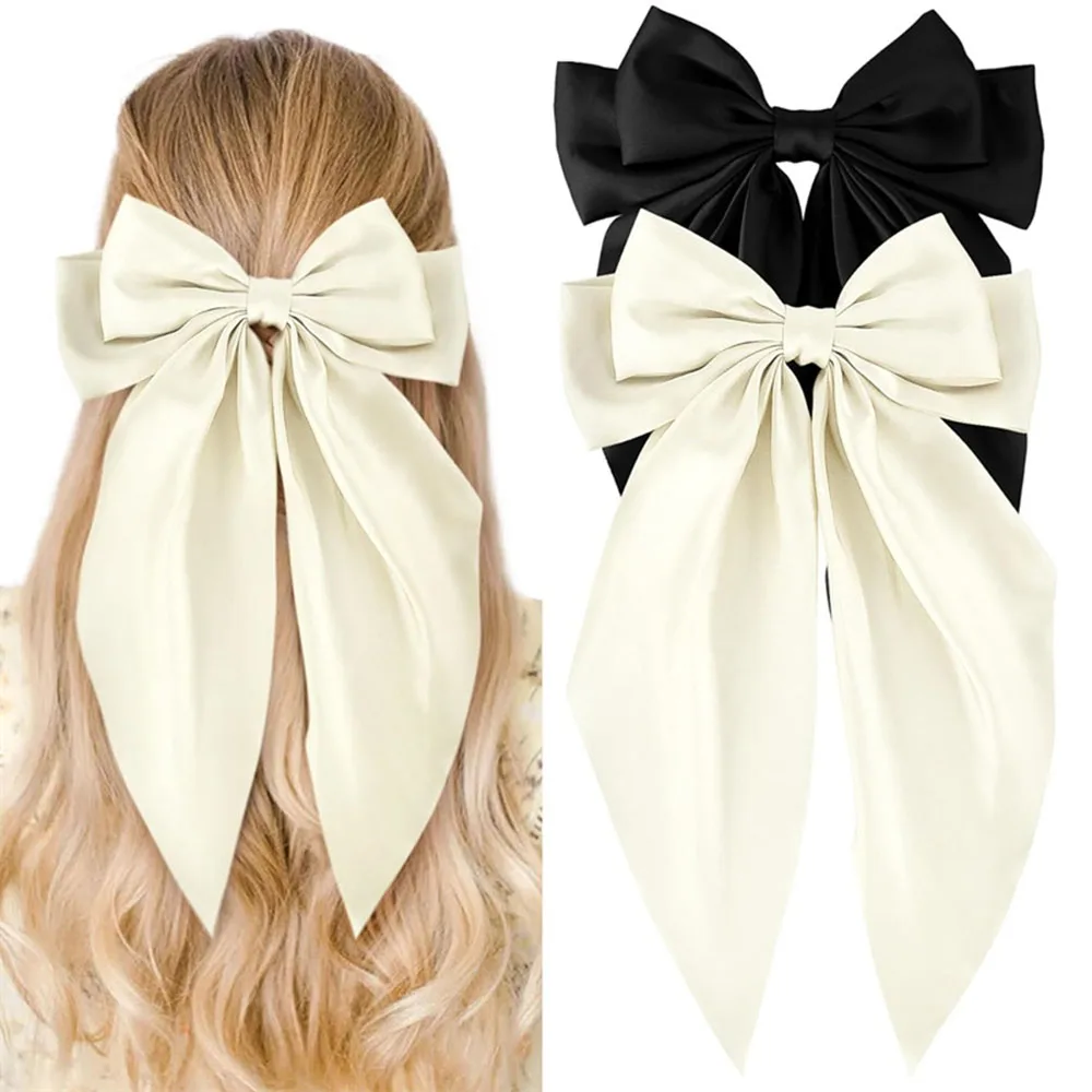 Ladies Satin Large White pink Red Blue Black Ribbon bow Oversized bow Long tail hair clip spring clip ponytail Hair accessorie