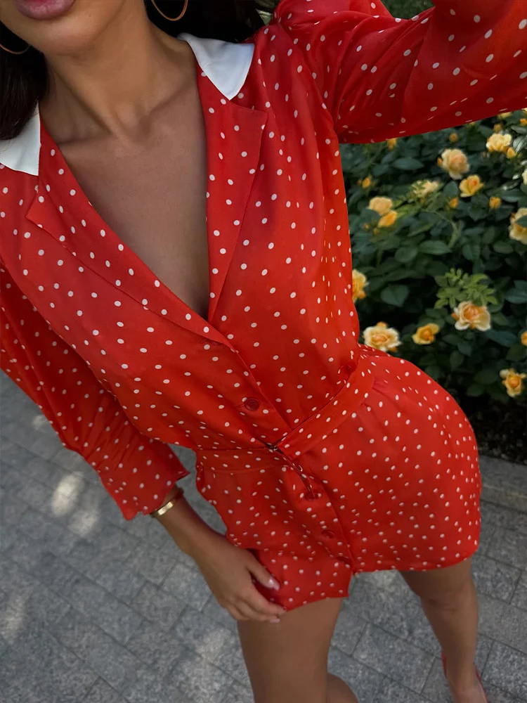 Huhugirl Mini Dresses Slim Sheath V-Neck Long Sleeves Dot Printing Designed For Female Trendy Fashion Elegant 2026 New Autumn