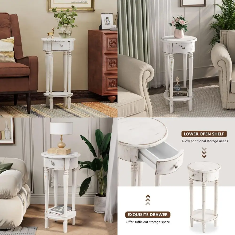

Space-Saving Beige End Table with Drawer, Round Nightstand featuring Storage Shelf, Industrial-Style Living Room, Bedroom, Hallw