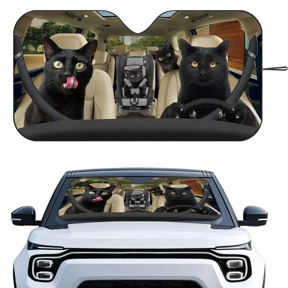 

Funny Black Cat Car SunSha Heat-insulating Aluminum Film Windshield Sunshas UV Rays Blocks Car Sun Visor Protector