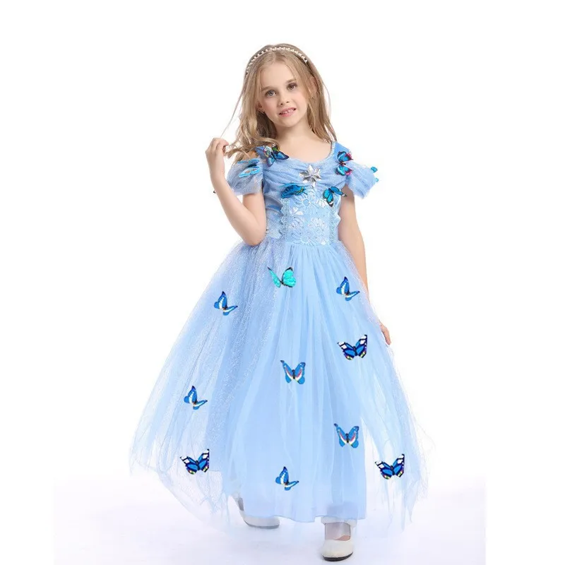 Factory Direct Sales Hot Halloween Kids Cosplay Costumes Girls Blue Princess Dresses Up Set