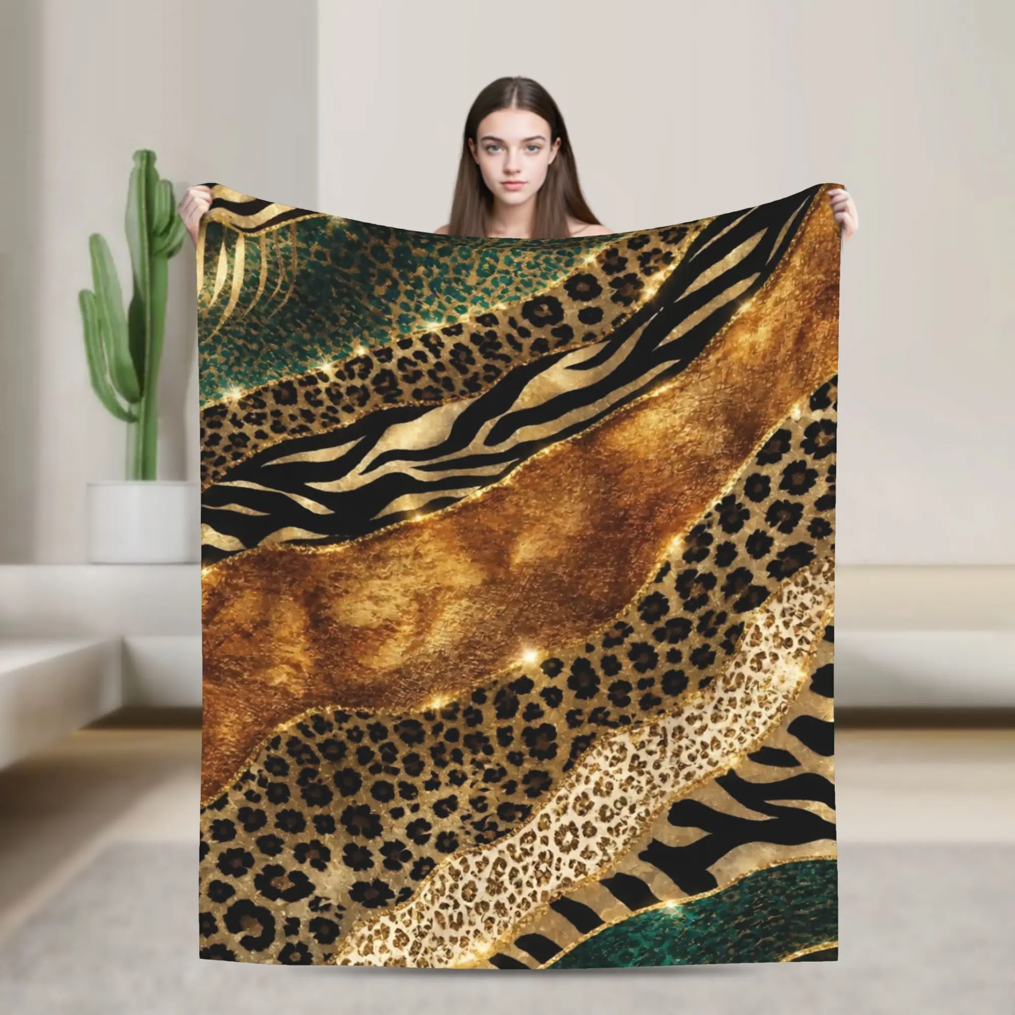 Leopard Patchwork Spliced Fuzzy Blankets  Awesome Throw Blankets for Bed Sofa Couch 125*100cm Quilt