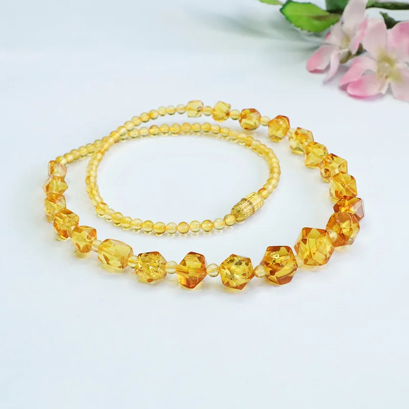 Natural Amber Necklace Flower Plate Neck Chain Gold Bead Lanyard