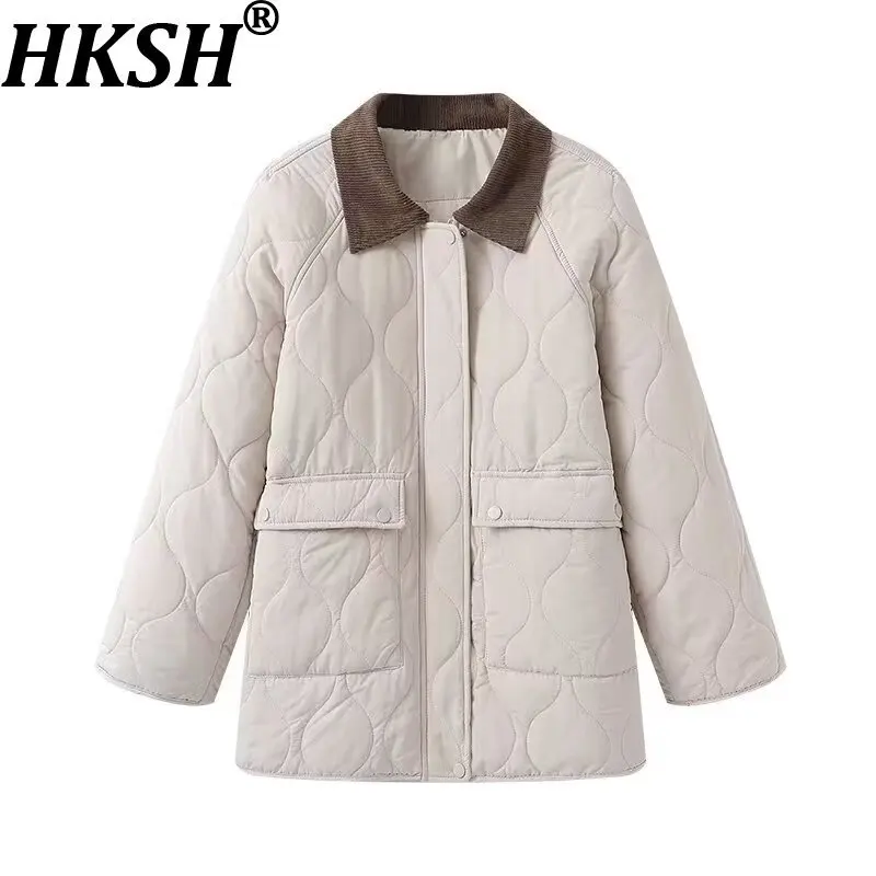 

HKSH 2023, новое зимнее женское длинное стеганое хлопковое пальто с отложным воротником и цветными блоками, элегантная теплая ватная куртка HK15810