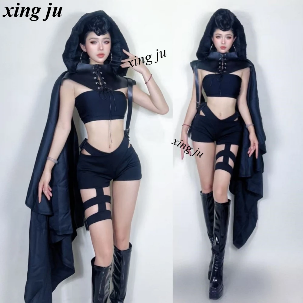 

Nightclub Women DJ Hip Hop Black Lace-up Cape Slim Crop Tops Sexy Hollow Out Tight Shorts Women Party Festivals Performance Wear