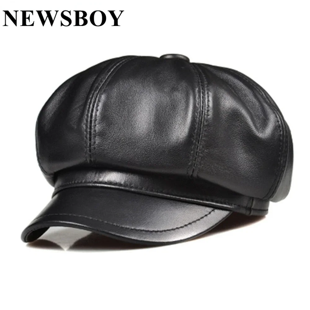 NEWSBOY Cap Genuine Leather Women Beret Hat Black Real Sheepskin High Quality Female Autumn Winter Octagonal Flat Cap Vintage