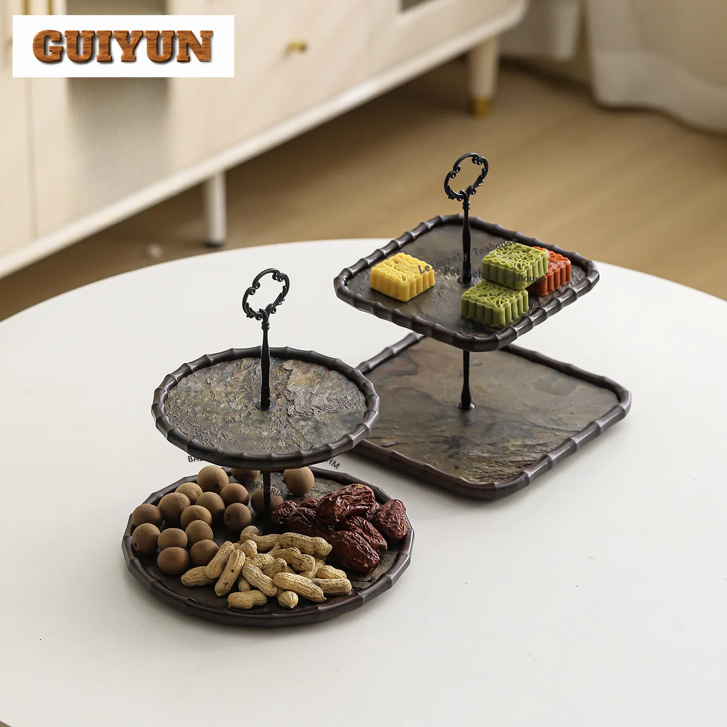 HOYIHM Bamboo Double-layer Kitchen Storage & Organization Traditional Sweet Table Decoration Trays Cutlery Organizer Cha
