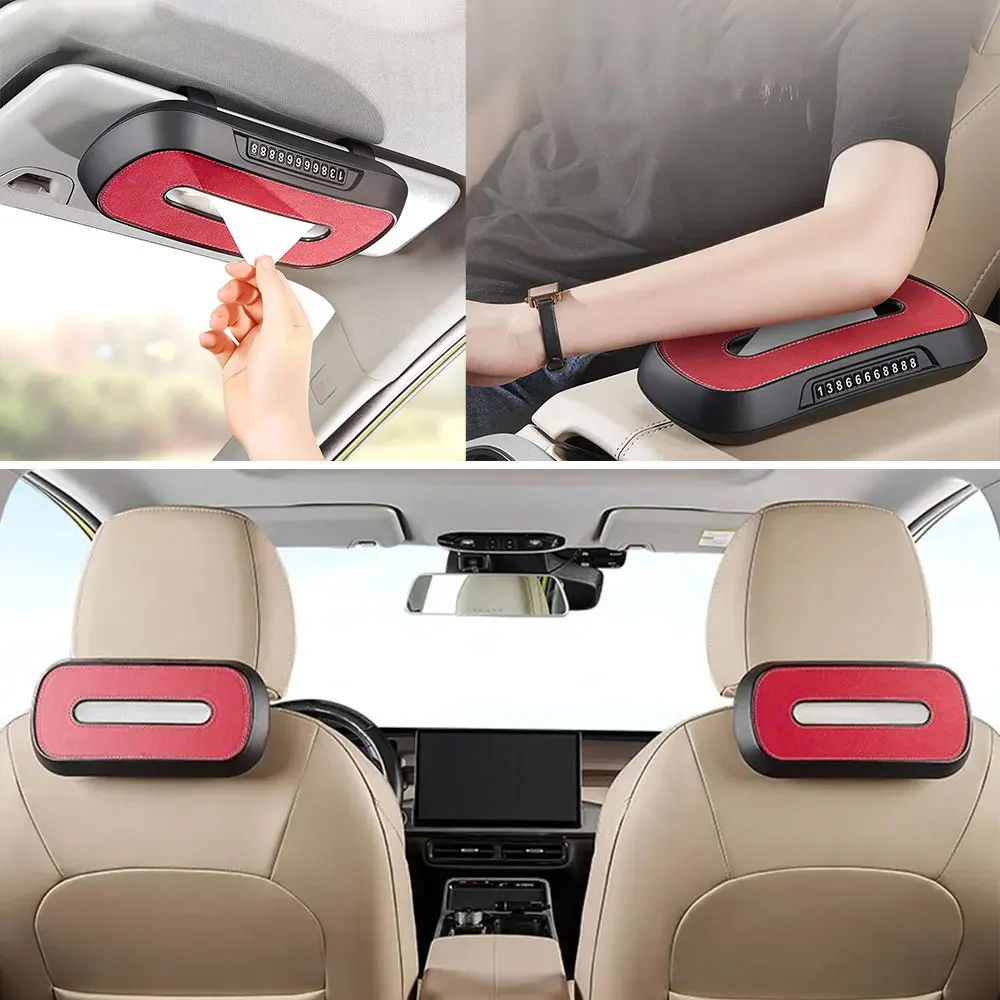 Leather Car Tissue Box Phone Number Label Center Console Armrest Napkin Box Sun Visor Tissue Box Backseat Tissue Case Fix Strap