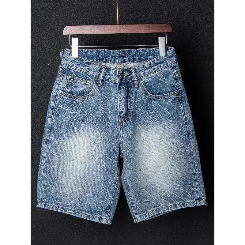 

Новые летние винтажные джинсовые шорты 2026 года в американском стиле, мужские модные шорты с эффектом потертости и принтом, дизайнерские, с эффектом выцветания, укороченные брюки-бермуды для уличной моды
