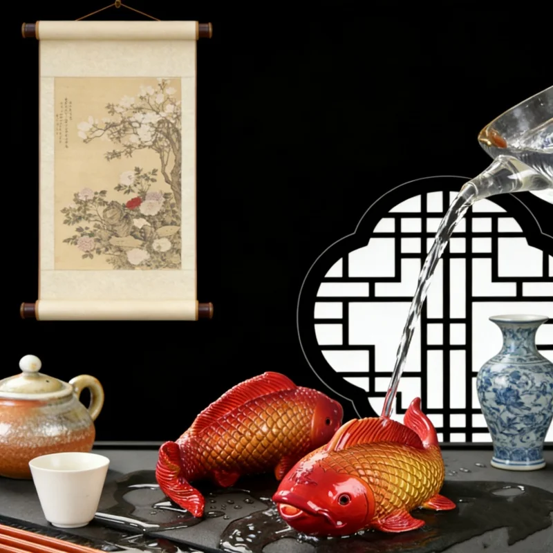 

Creative Color ChangingTea Pet Koi Carp Resin Tea Ornaments Chinese Mascot Two Fish Report Happiness Zen Tea Ceremony Ornaments