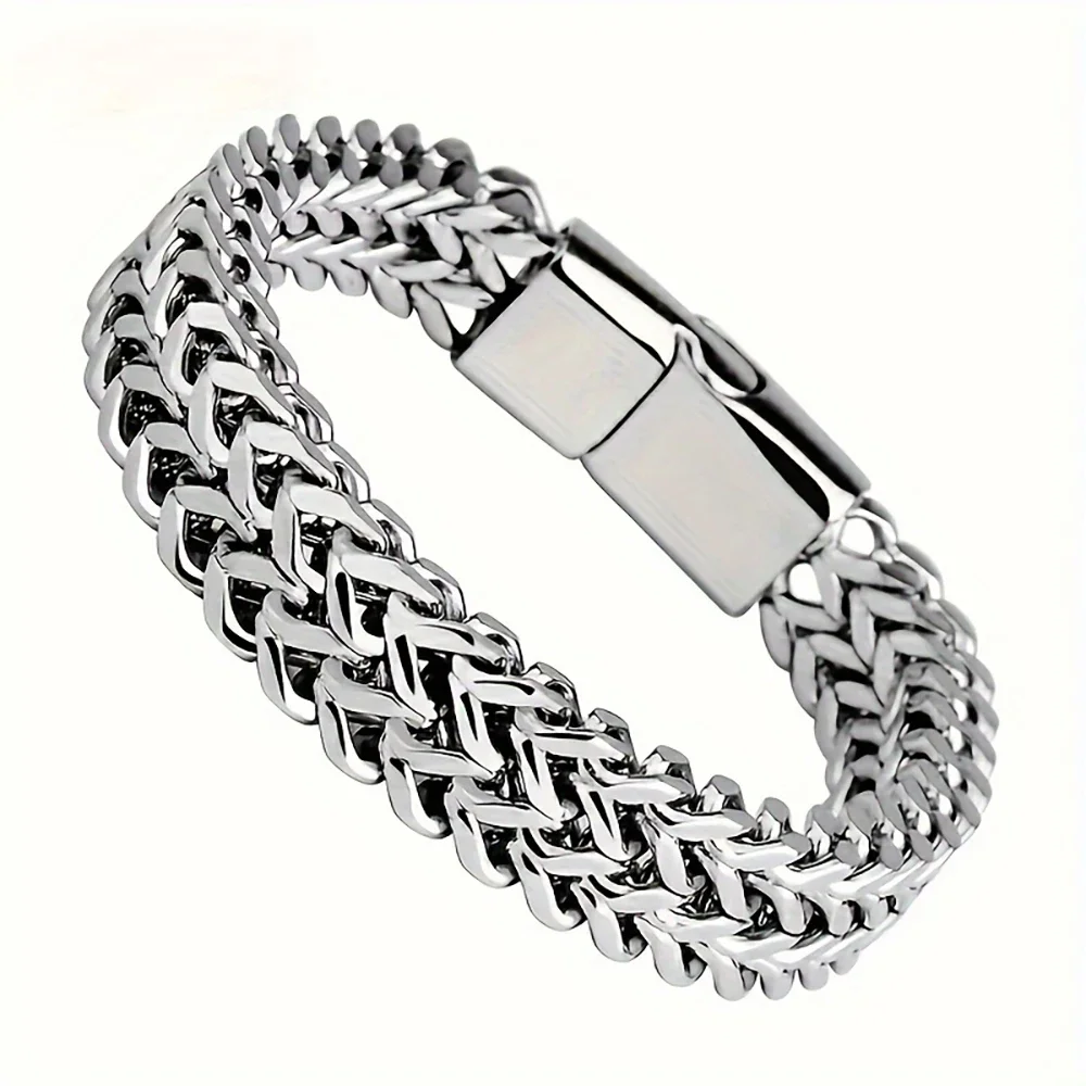 

Stainless Steel Braided Bracelet with Fish Scale Alloy Magnetic Buckle Double Row Front Back Keel Jewelry New Model