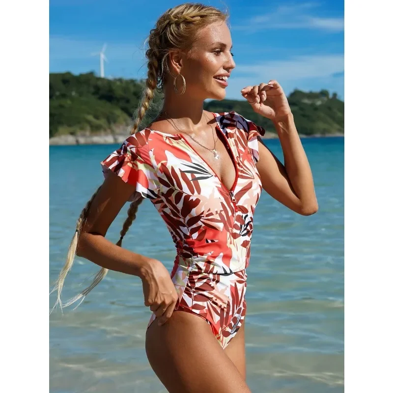 

New Fashion Short Dress One-piece Swimsuit Zipper Swimsuit Sexy Bikini Women's Thickened Printed Swimming Beach Wear Summer